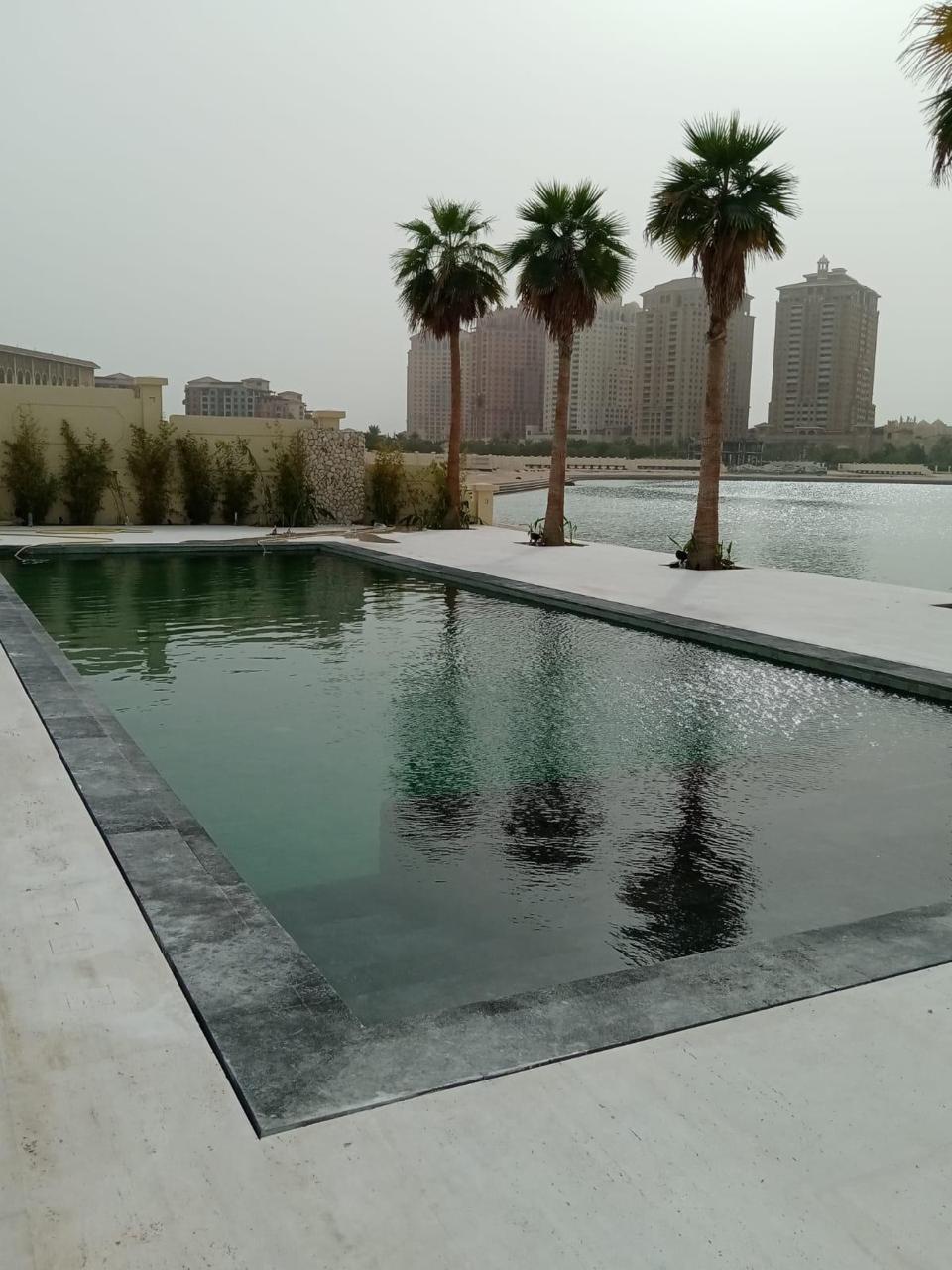 SpaceForge luxury villa fit-out Dubai, completed outdoor swimming pool with stone coping, palm trees, and skyline views